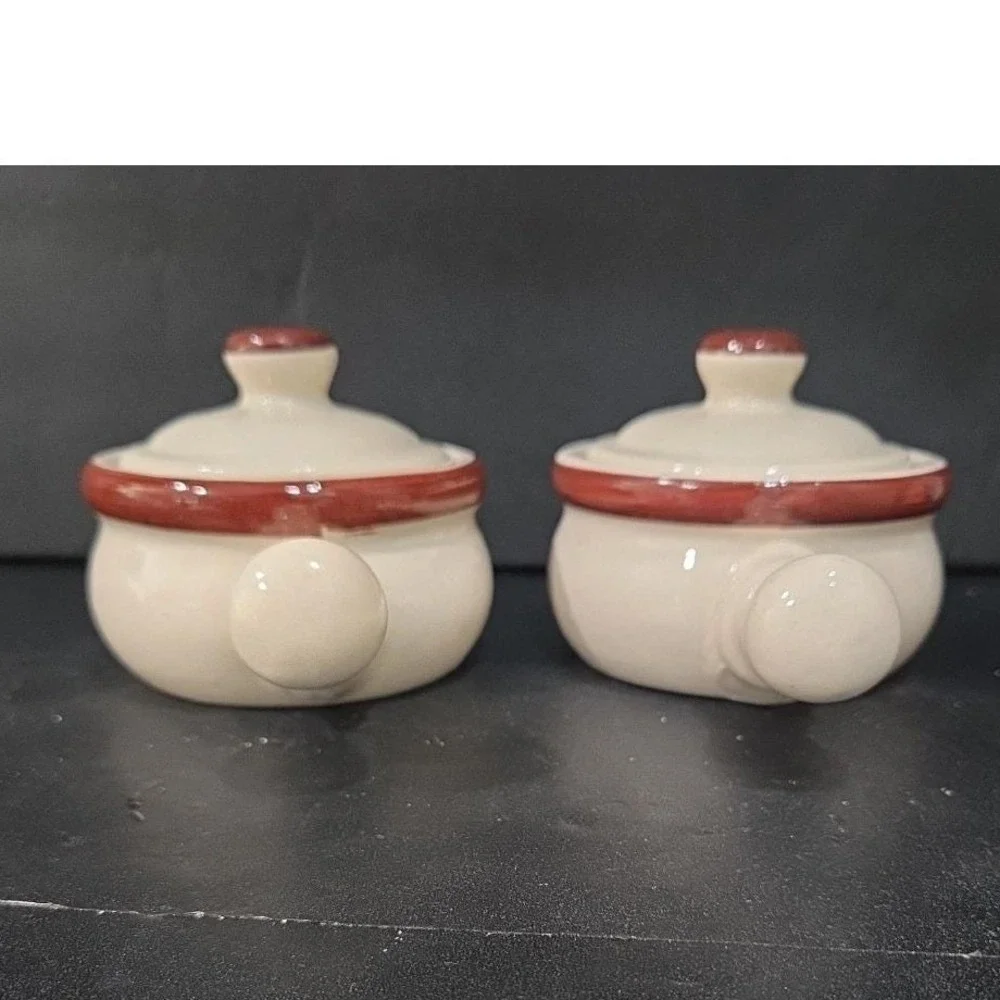 Ceramic Soup Bowls With Handles & Lids, Set of 2, Replacement Cream/Brown Crocks